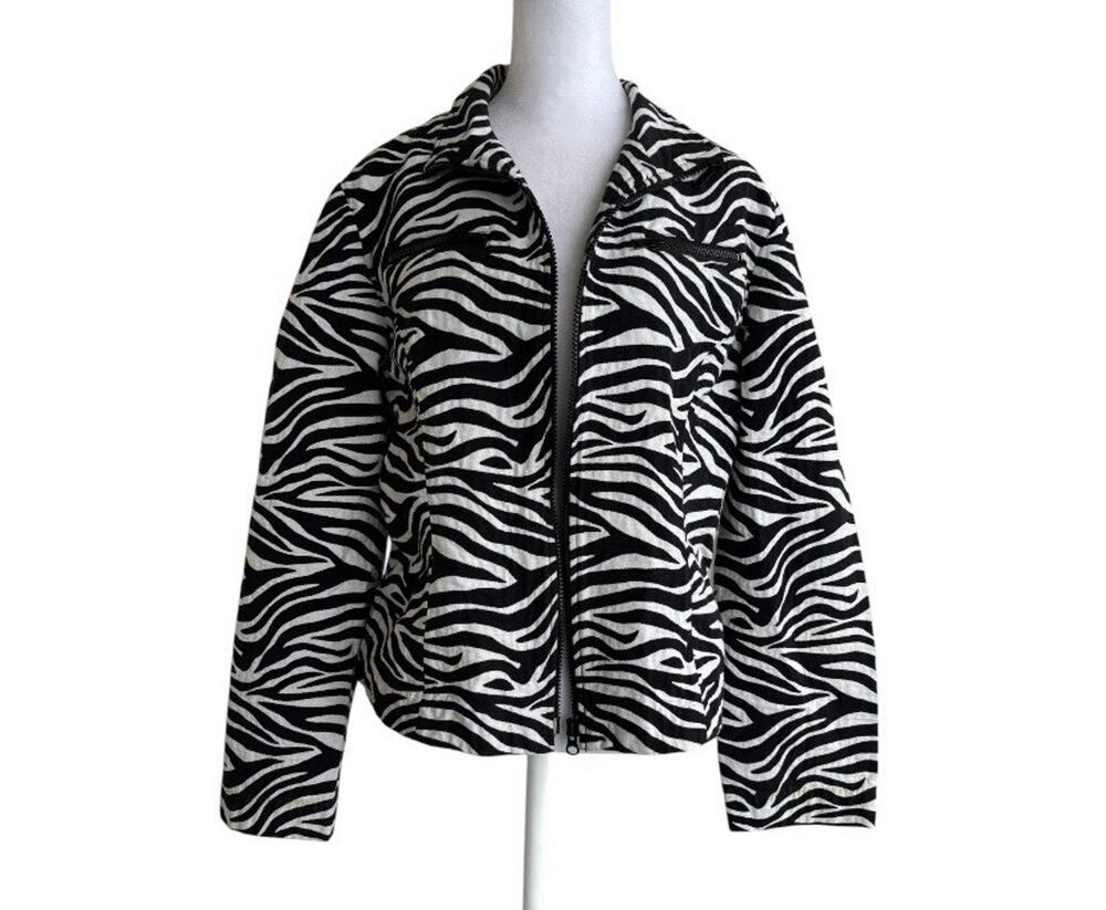 Nabi Collection Zebra Print Fitted Blazer Jacket Black White Sz L Broken Zipper